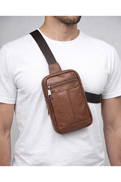 deri,se club حقيبة صدر للرجال من الجلد الطبيعي بلون أسمر مع حزام مزدوج للكتف