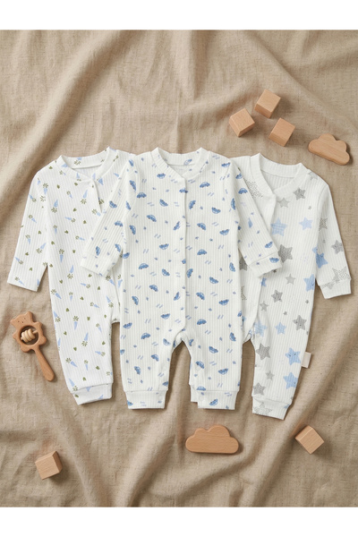 Noone 3'lü Avantaj Paketi %100 Pamuklu Uzun Kollu Boydan Çıtçıtlı Bebek Tulum...