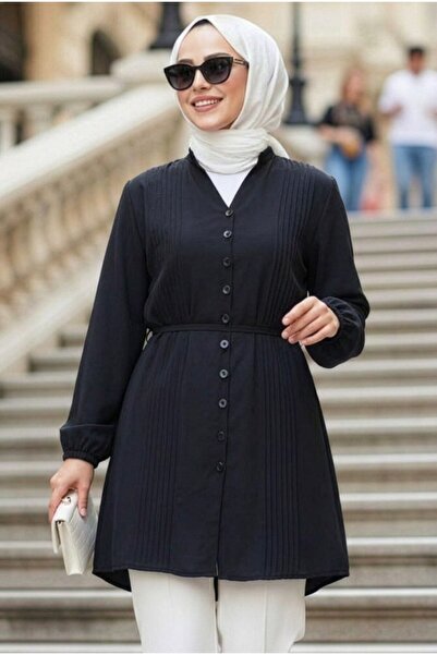 N.S NEVA STYLE Black Hijab Tunic with Pile Detail 20299S