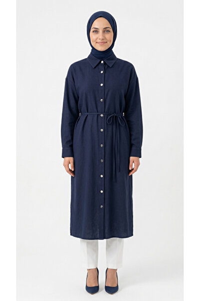 BENAHOLL Beylem Düğmeli Çift Cepli Uzun Tunik-ZŞ7073 Lacivert