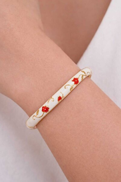 AFRODİTGOLDBUJİTERİ White Red Flower Enamel Handcuffs