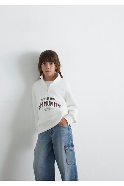 Mavi Printed Semi-Zip Ecru Sweatshirt 7S10130-70057