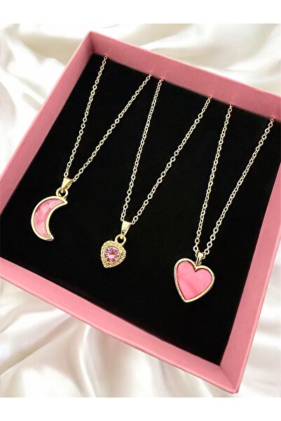 Madam Bikan Gold Renk Pembe Kalp Ay 3 Lü Set Kolye