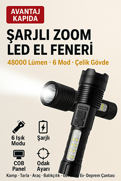 Genel Markalar Şarjlı Zoom Led El Feneri 48000 Lümen Çelik Gövde 6 Modlu Kamp...