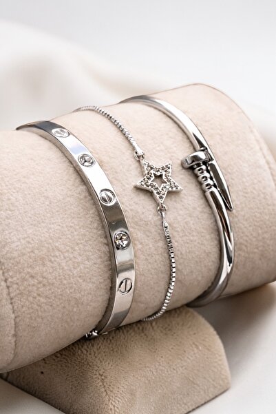 TAKIPORT Gümüş Renk Asansörlü Zirkon Taşlı Yıldız Model,Çivi Ve Kelepçe Kadın...