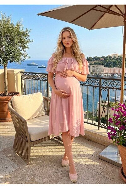 MACFLY Ženska ružičasta haljina od šifona sa Carmen ovratnikom