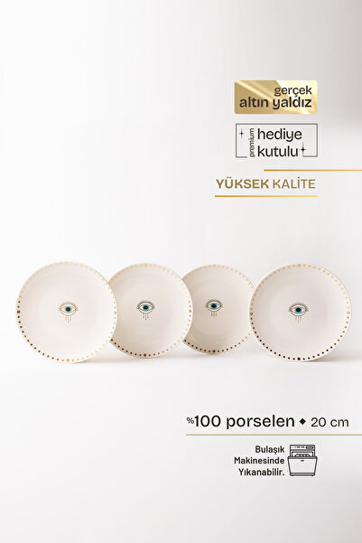 TUSE LIVING Evil Eye Gerçek Altın Yaldızlı Nazar Gözlü 4' lü Porselen Pasta T...