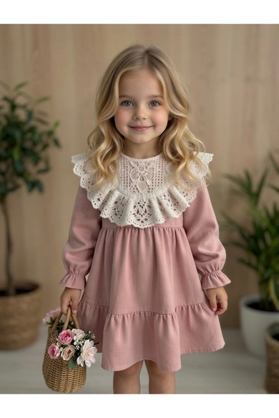 BİLGEN Style Kız Çocuk Fistolu Pamuk Keten Bayramlık Elbise
