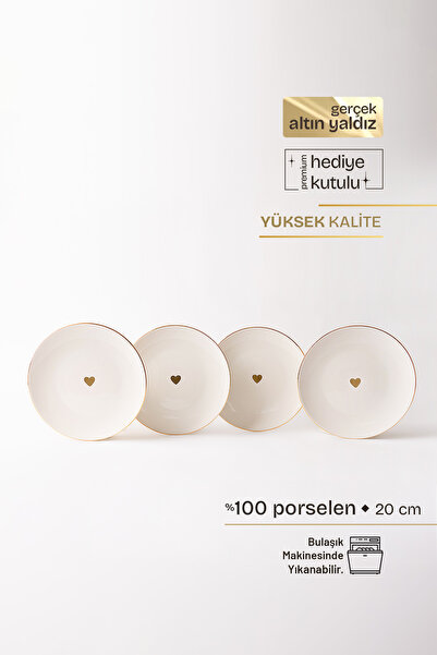 TUSE LIVING Golden Hearts Gerçek Altın Yaldızlı Kalpli 4' lü Porselen Pasta T...