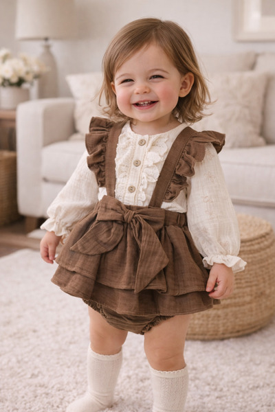 TOGY BABY VE KIDS WEAR Emmy Kahve Kız Bebek Romper - Gömlek, Salopet Takım