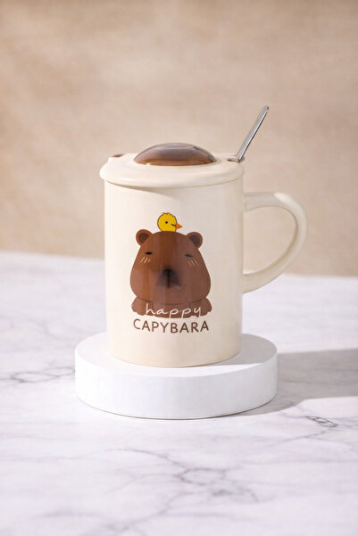 hediyeconcepti 500 ml Cute Capybara Ceramic Mug with Lid and Spoon – 4 Differ...