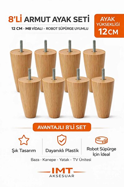 İMT AKSESUAR Armut Mobilya Ayağı 8 Adet 12 cm Açık Meşe Robot Süpürgeye Uyuml...