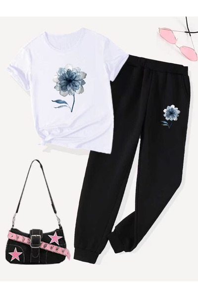 Rayan & Hoor Style Printed Sweatpants and T-shirt Top and Bottom Tracksuit Set