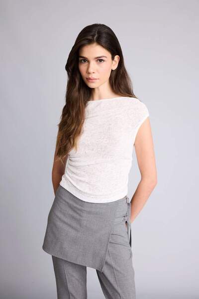 DeFacto Fitted Kayak Neckline Corded Fabric Ribbed Knit T-Shirt H0230Ax26Sp