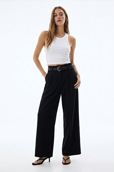 Quzu Ψηλόμεσο παντελόνι Ζώνη τεμαχίων Με πιέτες Μαύρο