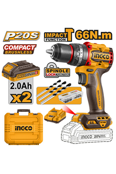 Ingco مدمج مطرقي لاسلكي صغير الحجم بدون فرش، 20 فولت، 66 نيوتن متر، مع بطاريت...