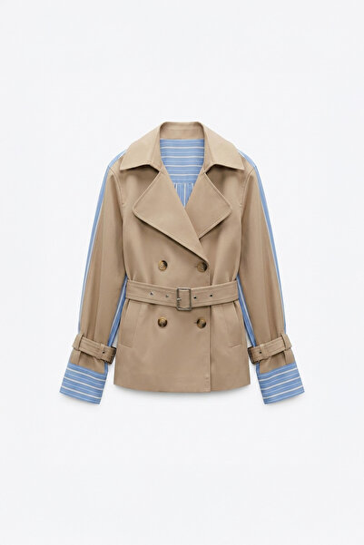 Quzu cu dungi cu căptușeală curea li Trench scurt Bej