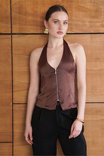 Generic Brand Satin Zip-Up Blouse Coffee