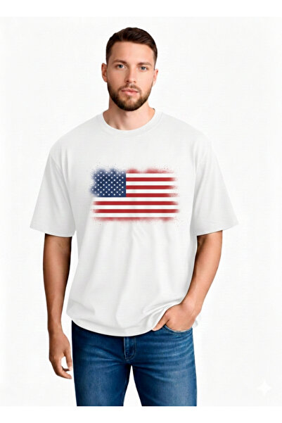 sngl Ανδρικό κοντομάνικο μπλουζάκι oversized America Flag με τύπωμα S M L XL 2XL