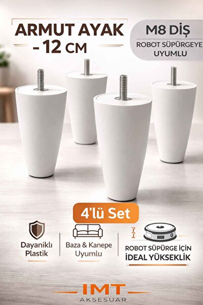 İMT AKSESUAR Armut Mobilya Ayağı 4 Adet 12 cm Beyaz Robot Süpürgeye Uyumlu Ko...