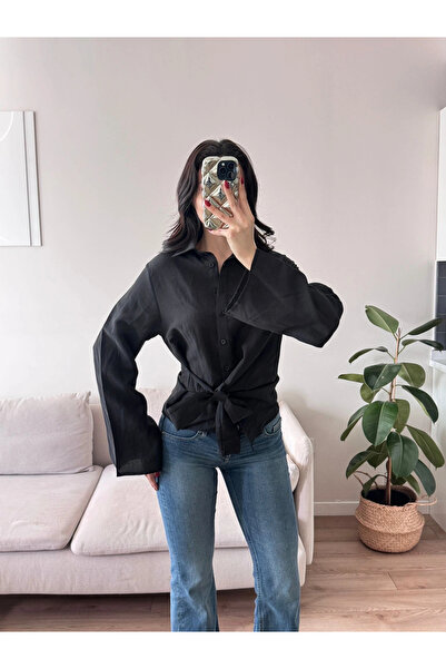 Zoom Butik Kuşaklı Modal Gömlek - SİYAH