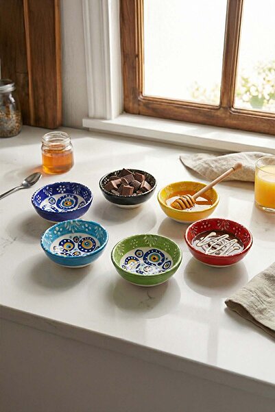 EvaniLife Seramik 6'lı Sunumluk Çerez Tabağı - Kahvaltılık Reçellik Sosluk He...