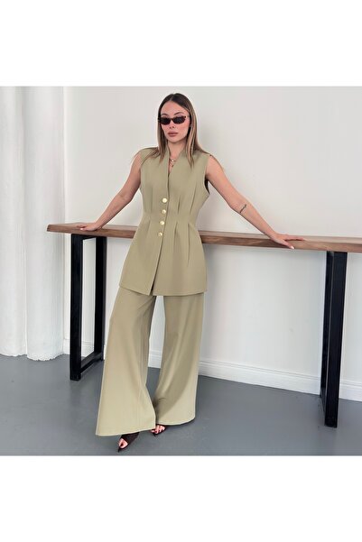 timagna Akadın Gold Düğme Detaylı Kruvaze Yelek ve Geniş Paça Pantolon Takım