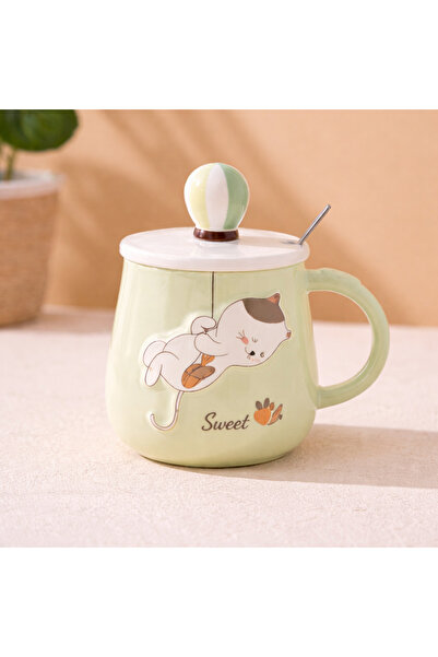 hediyeconcepti 500 ml Cute Cat Ceramic Mug with Lid and Spoon