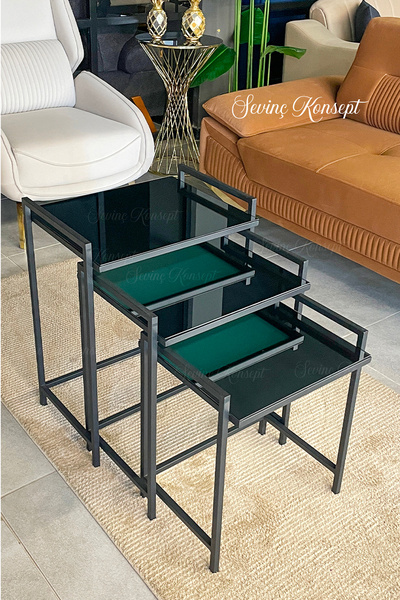 SEVİNÇ KONSEPT 3'lü SİYAH Rana Sehpa, FÜME Aynalı Camlı, Çok Amaçlı Zigon Seh...