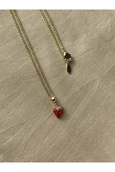 newicron Gold Çilek Figürlü Taş Detaylı Kolye