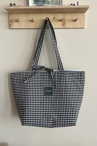 Outlet Çarşım Large Size Women's Bag Mini Checked Tote Daily Fabric Bag Bag
