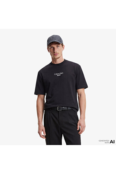 Calvin Klein تي شيرت رجالي ذو رقبة دائرية وأكمام قصيرة وقصة ضيقة بنمط صيفي أسود