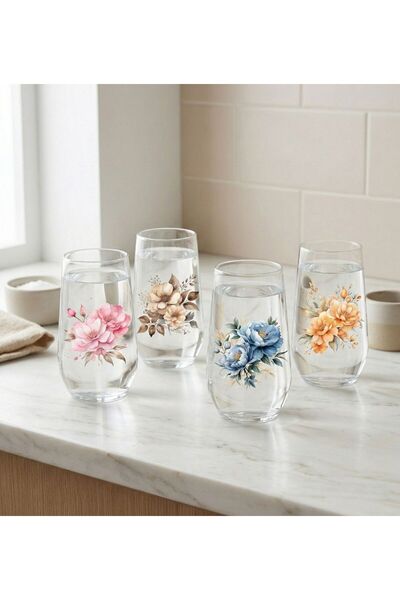 Caga Home CAGA Pinterest 4’ü Çiçek Desenli Cam Bardak Seti 450ml – Çiçekli He...
