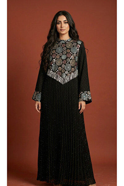 Moda Line "Ghada Al-Fan" jalabiya with rose embroidery and silver fringe