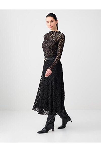 Jimmy Key Black Comfortable Cut Regular Waist Knitted Midi Skirt, Pack of Lace