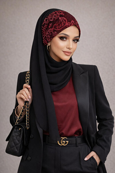 Aişe tesettür Siyah Kırmızı Bandana Hazır Abiye Şal