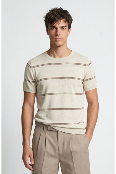 Network Bej Çizgili Keten Karışımlı Triko Kazak