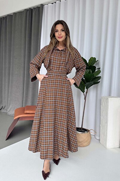 Mine Tan Butik Shawl Collar Shirt and Skirt Set - Brown