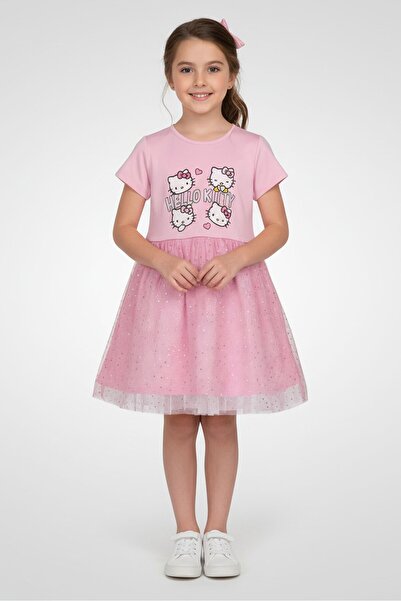 Hello Kitty Kids Girl Brand Logo Short Sleeve Dress, Pink