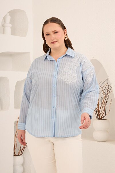 RMG Applikuéd prugasta ženska majica dugih rukava Plus Size plava