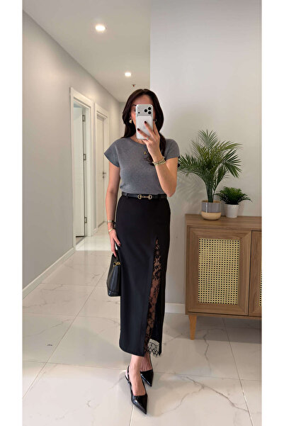 BİRCANÇİL Coswi Μαύρη Φούστα με Σκίσιμο Δαντέλα τεμαχίων