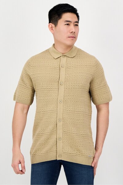 Threadbare Men Regular Fit Short Sleeve Eyelet Polo, Beige