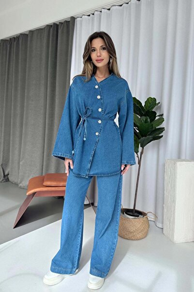 Mine Tan Butik Sash Detail Asymmetrical Collar Denim Set - Blue