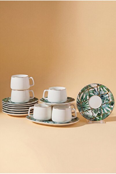 GÖNÜL Porselen 6’lı Kahve Fincan Takımı, Yeşil Yaprak Desenli, Gold Yaldızlı,...