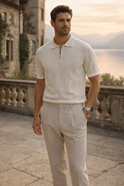 Maccali Ανδρικό μπλουζάκι Trend Ριγέ Premium Cream Polo με λαιμόκοψη