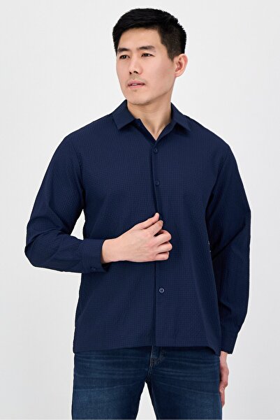 Nautica قميص جينز رجالي كاجوال بأكمام طويلة ذو ملمس بارز ، لون كحلي