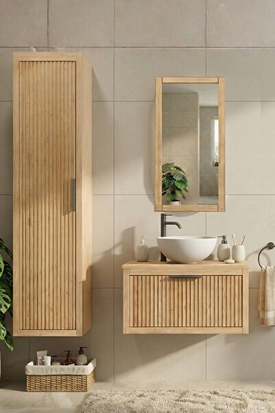 AdnDesing Banyo Dolabı Seti-Doğal Ahşap-Ahşap Tezgah-Boy Dolabı-Ayna-70 Cm-Ça...
