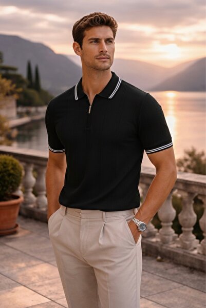 Maccali Muška trend Prugasto premium crna polo majica