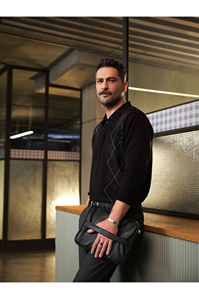 LC Waikiki Black Polo Collar Diamond Patterned Men's Knit Sweater