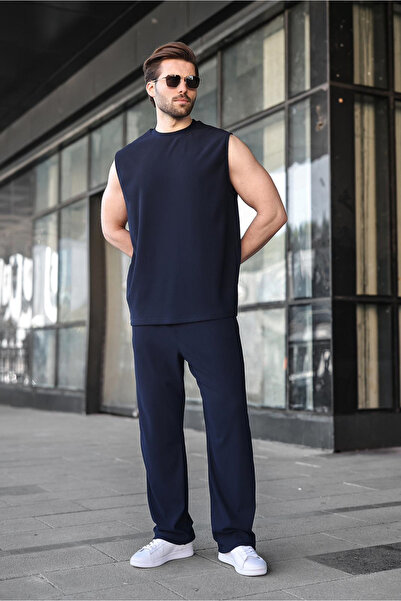 Madmext Navy Blue Relaxed Fit Men's Top and Bottom Set E7353